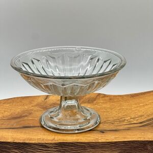 Vintage Clear Pressed Glass Pedestal Bowl Fluted Compote Dish Beaded Rim 6.5in